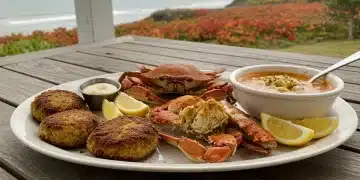 Platter of Mid-Atlantic seafood classics: crab cakes, blue crabs, and oyster stew.