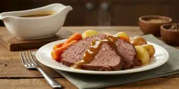 Succulent Midwestern pot roast with vegetables and gravy