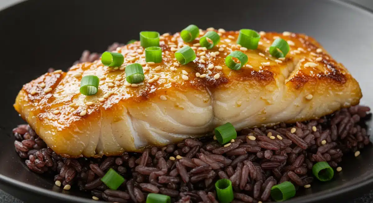 Perfectly seared miso-glazed cod with scallions and forbidden rice, showcasing a fusion main course.