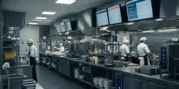 Modern ghost kitchen interior with chefs and digital order screens