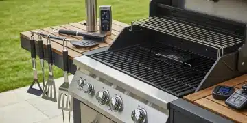 Modern outdoor kitchen with high-tech grill accessories for 2026