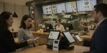 Modern restaurant with customers using mobile payments and a sleek POS system.