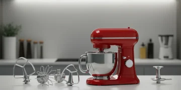 Modern stand mixer on a kitchen counter with attachments