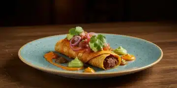 Modern Tex-Mex dish on a rustic table in a contemporary restaurant setting