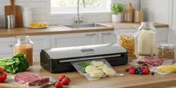Modern vacuum sealer preserving fresh vegetables on a kitchen counter