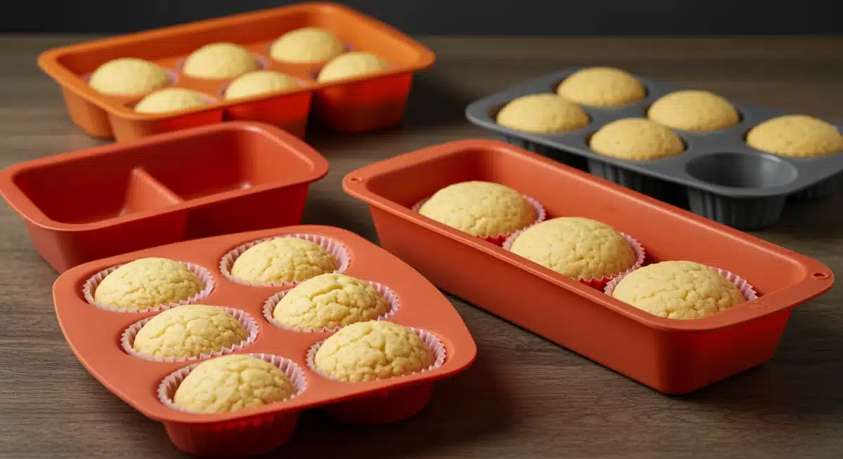 Moldes de silicona para hornear con masa, listos para el horno, mostrando su versatilidad.