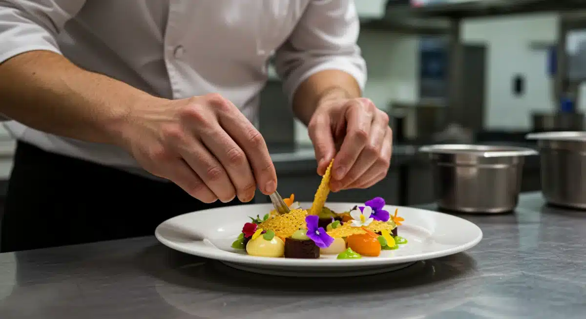 Chef plating a molecular gastronomy dish with edible flowers in a modern kitchen.