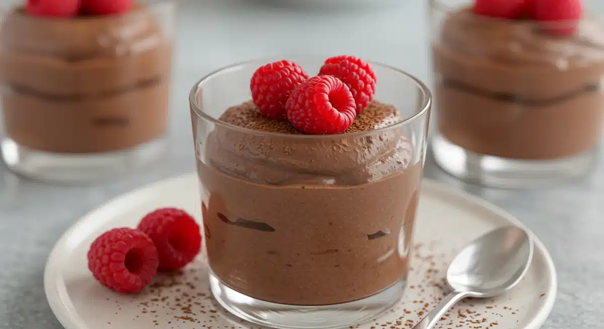 Mousse de chocolate e abacate sem glúten e lactose com framboesas frescas