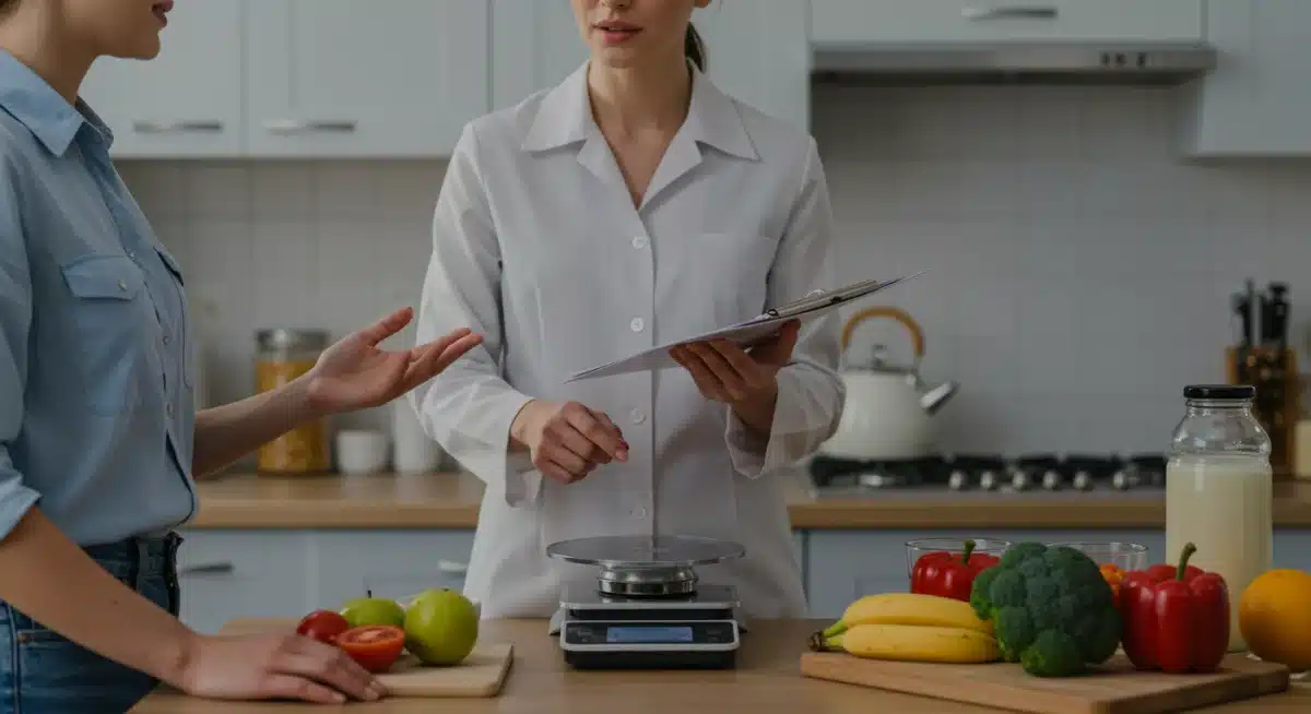Nutritionist demonstrating smart scale benefits for portion control and healthy eating.
