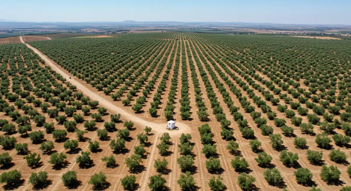Vista aérea de un olivar sostenible español con sistemas de riego inteligente y paneles solares.
