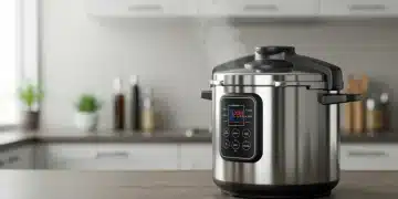 Olla a presión de acero inoxidable con diseño moderno en una cocina luminosa, simbolizando eficiencia energética.