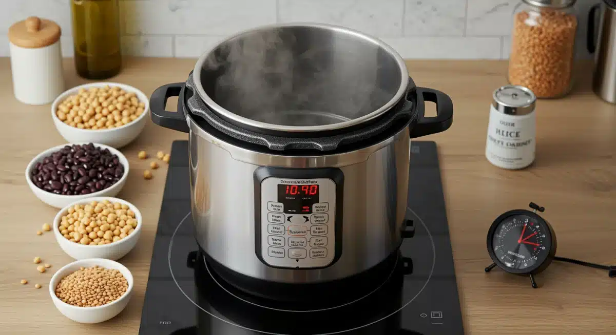 Olla a presión cocinando legumbres, con un temporizador indicando un tiempo de cocción reducido.