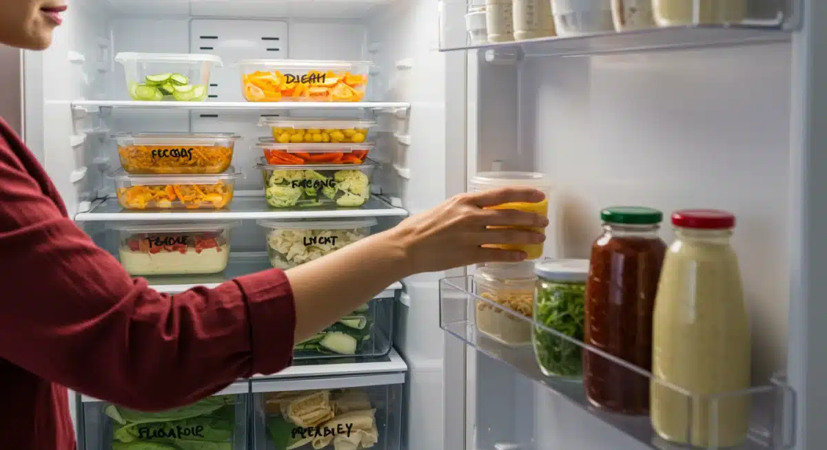 Refrigerador organizado con recipientes de comida preparada, clave para evitar el desperdicio de alimentos y ahorrar.