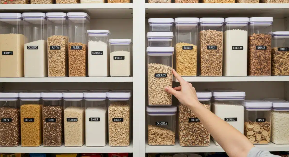 Well-organized pantry with labeled airtight containers for dry goods
