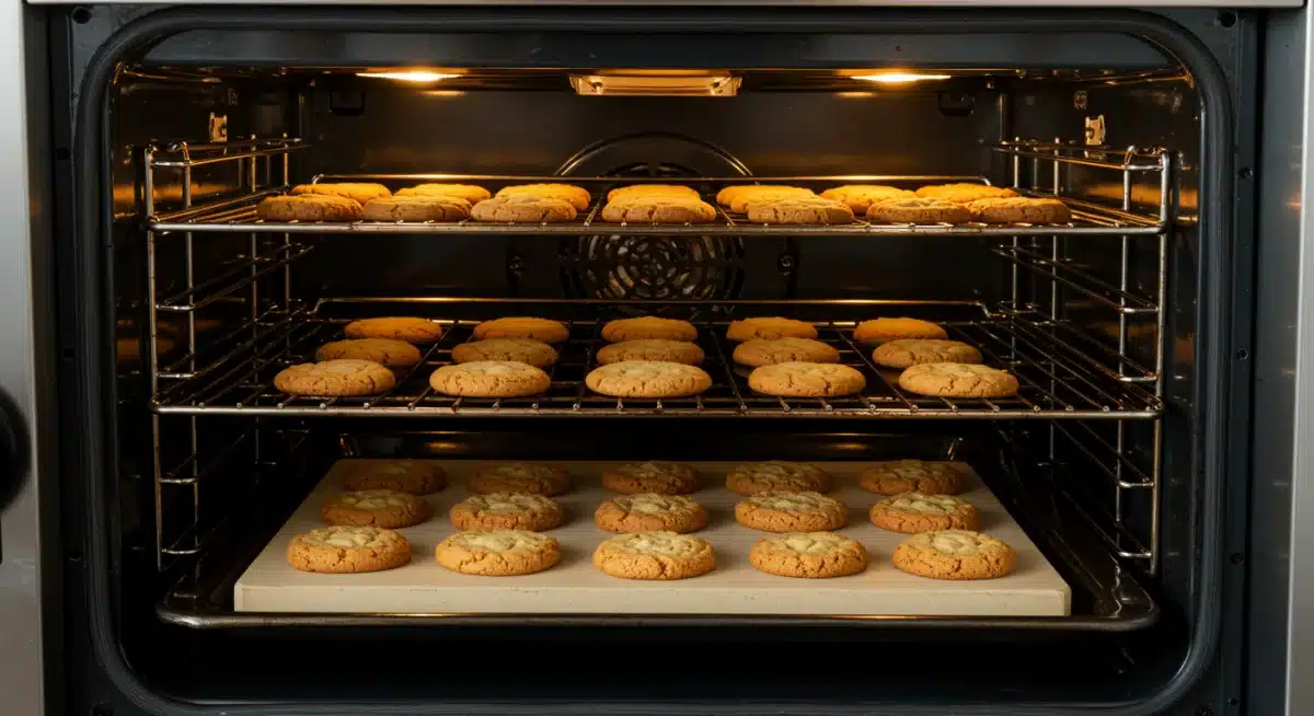 Interior of an oven with a baking stone and uniformly baked cookies on a rack.