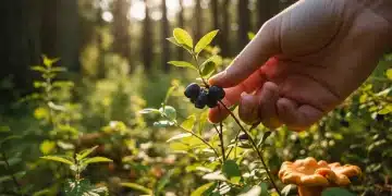 Hand picking ripe huckleberries in a lush Pacific Northwest forest