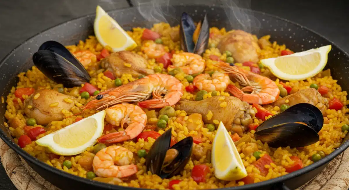 Paella de marisco y pollo sin gluten, llena de color y sabor.