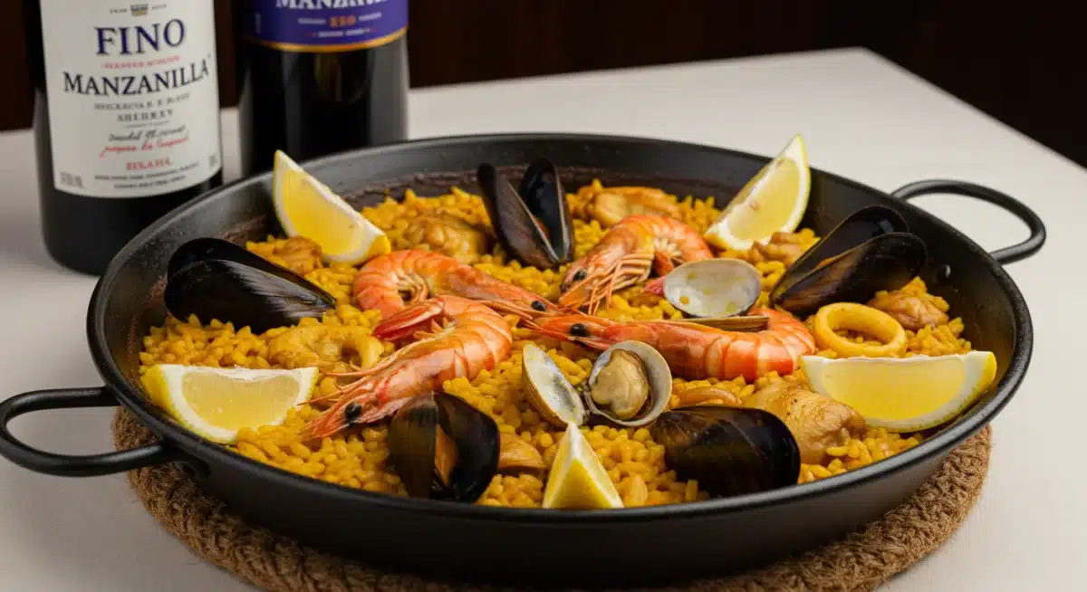 Paella tradicional española con mariscos y pollo, lista para ser disfrutada con un vino de Jerez.