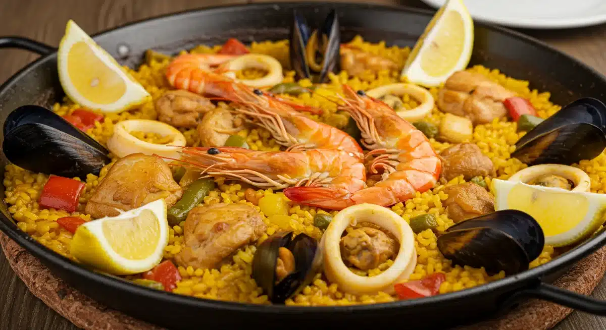 Paella valenciana tradicional con mariscos frescos, pollo y arroz azafranado, servida en una paellera.