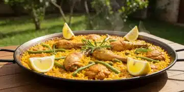 Paella valenciana humeante y apetitosa en paellera tradicional, lista en 30 minutos.