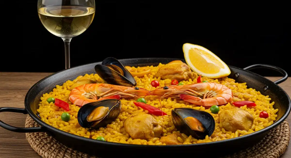 Paella valenciana humeante junto a una copa de vino blanco español, lista para maridar.