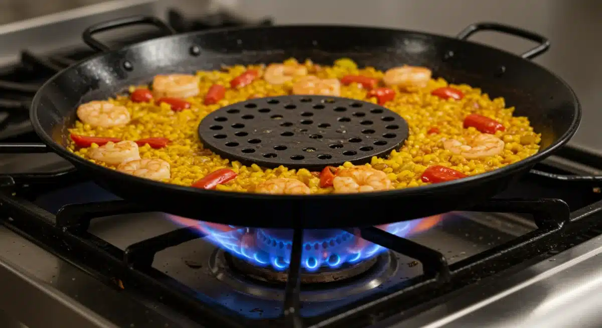 Paella en paellera con difusor de calor para cocción uniforme