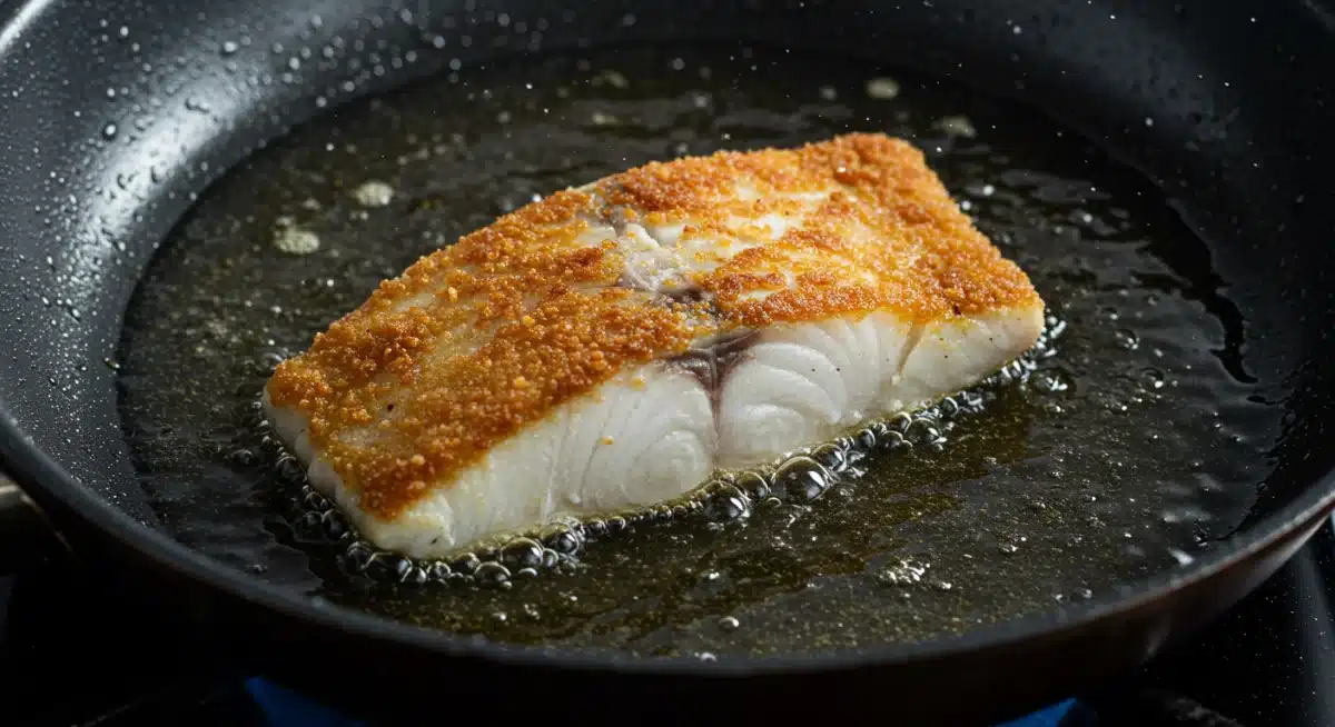 Fish fillet being gently placed into a hot pan for pan-frying.