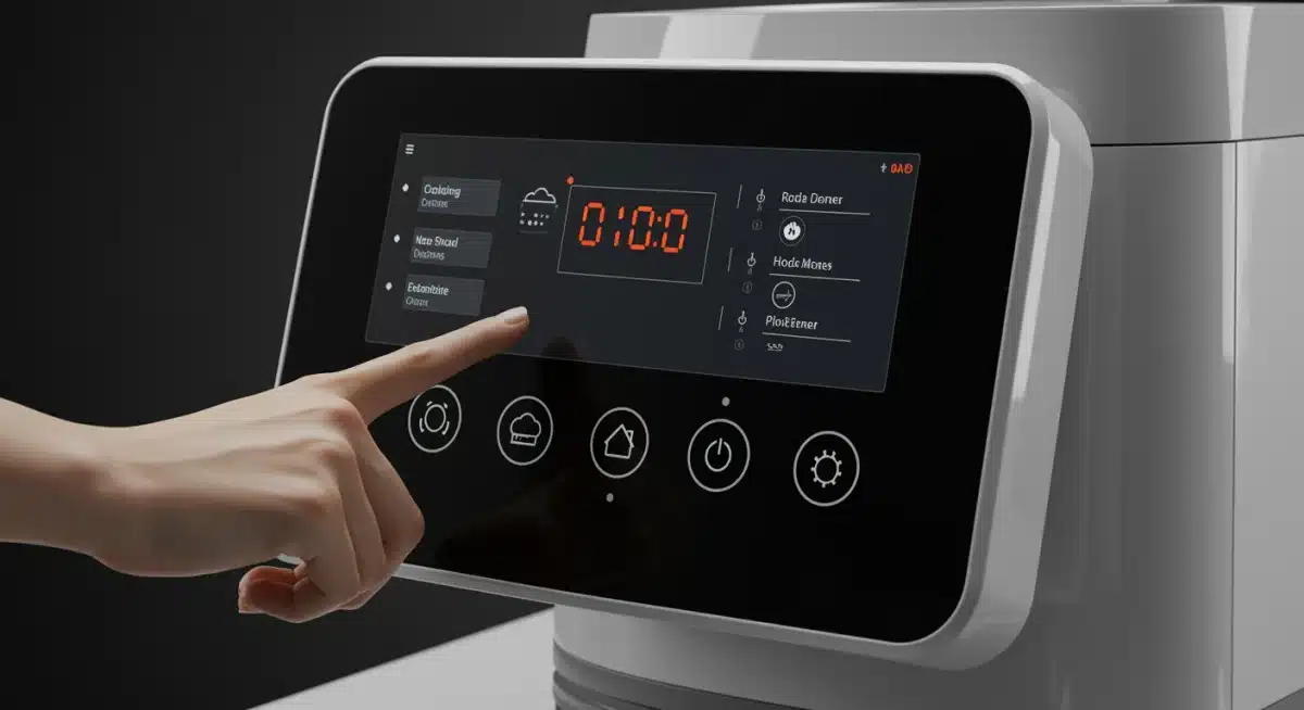 Panel de control digital de un robot de cocina con opciones de cocción y temporizador.