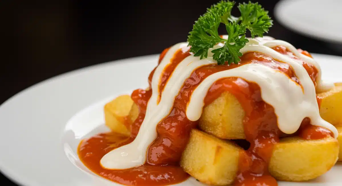 Primer plano de patatas bravas gourmet con salsa picante y alioli.