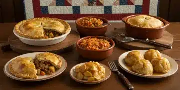 Rustic table with Pennsylvania Dutch comfort food, including chicken pot pie and apple dumplings.
