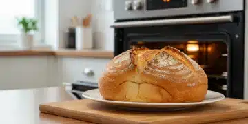 Artisan bread on cutting board by modern oven, symbolizing perfect home baking results.
