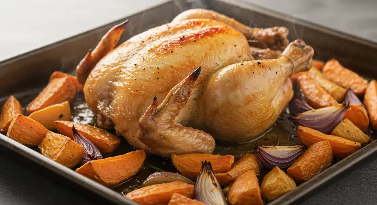 Perfectly roasted chicken and vegetables, golden and tender.