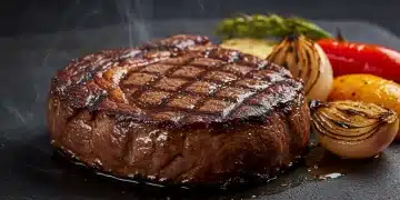 Perfectly seared steak with rich brown crust and caramelized vegetables.