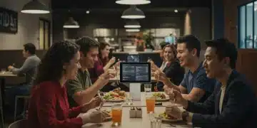 Happy diners enjoying personalized meals in a modern restaurant, reflecting future dining experiences.