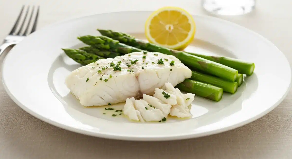 Pescado blanco escalfado emplatado con guarnición de espárragos