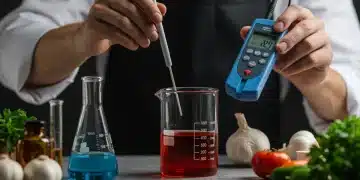 Chef or food scientist precisely measuring pH in a lab setting, demonstrating practical application of acid-base balance in food.
