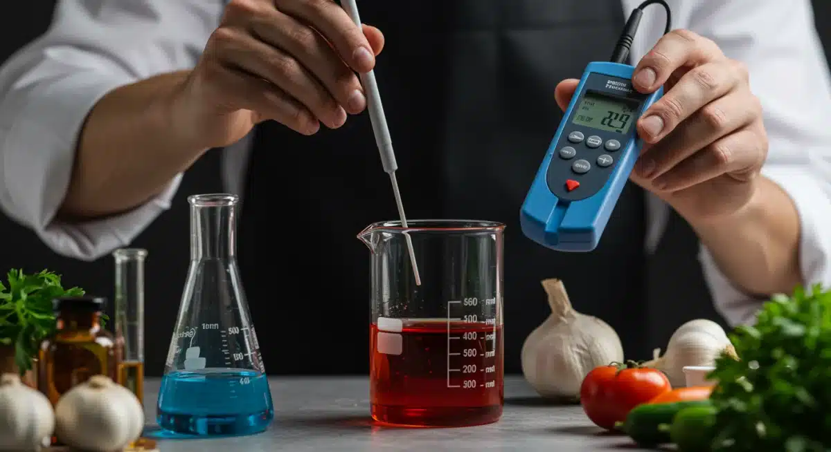 Chef or food scientist precisely measuring pH in a lab setting, demonstrating practical application of acid-base balance in food.