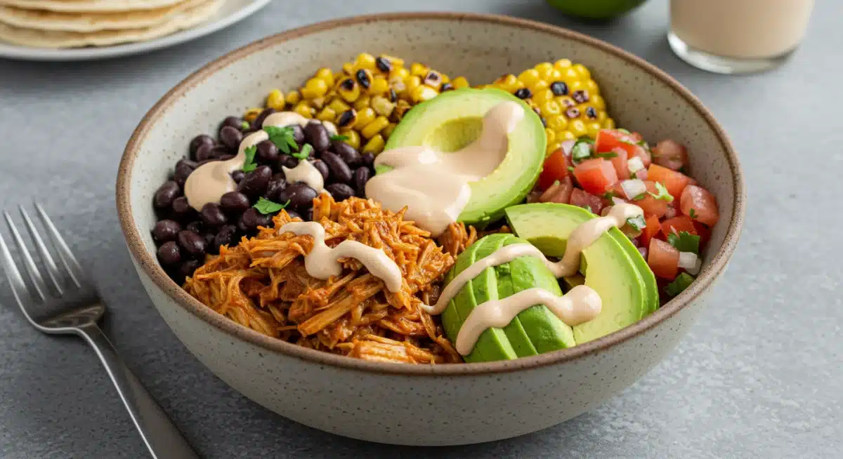 Colorful plant-based jackfruit carnitas bowl with fresh vegetables and cashew crema