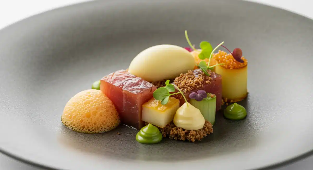 Plato de alta cocina española con esferificaciones y espumas, representando la aplicación de la biotecnología en la gastronomía.