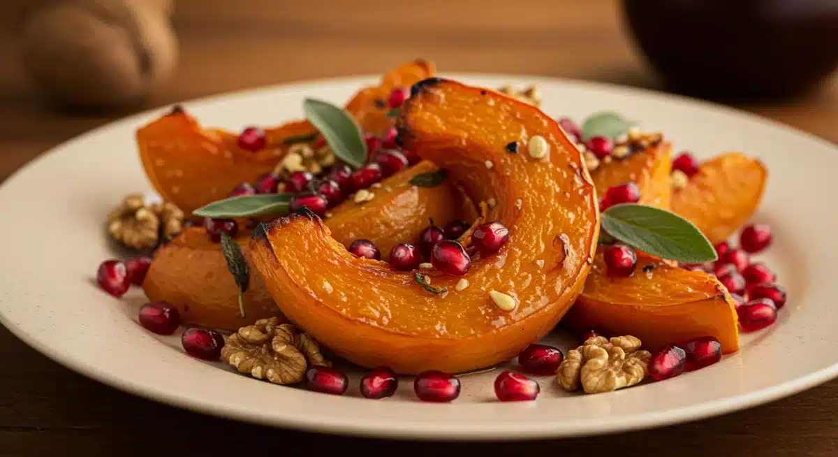 Plato gourmet con calabaza asada, granada y nueces, decorado con hierbas frescas.