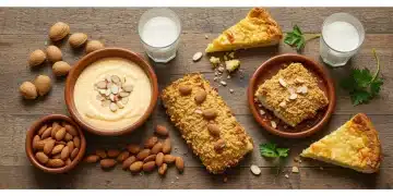 Variedad de platos españoles con almendras, incluyendo salmorejo, pescado y tarta de Santiago