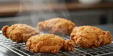 Piezas de pollo frito con un rebozado dorado y crujiente sobre una rejilla de enfriamiento, mostrando una textura perfecta.