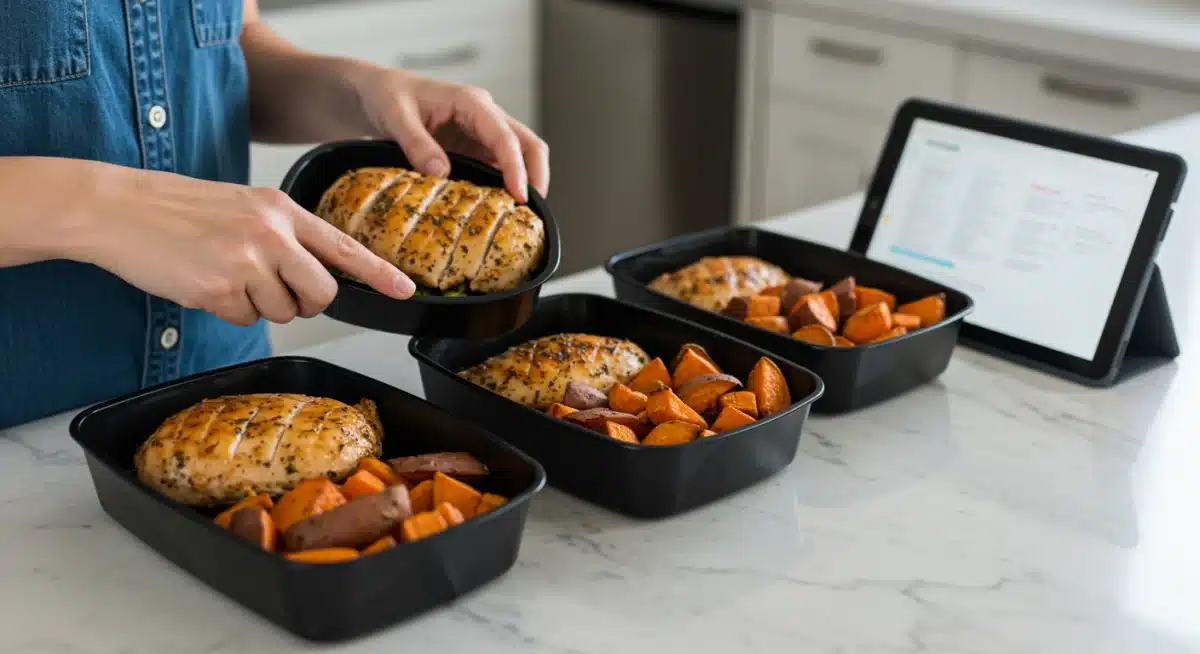Persona organizando porciones de pollo cocido y batatas asadas en recipientes para la semana.
