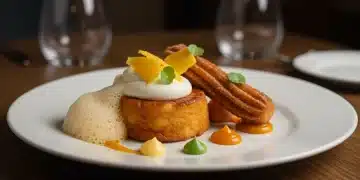 Postre español moderno y sofisticado con toques deconstruidos y espuma.