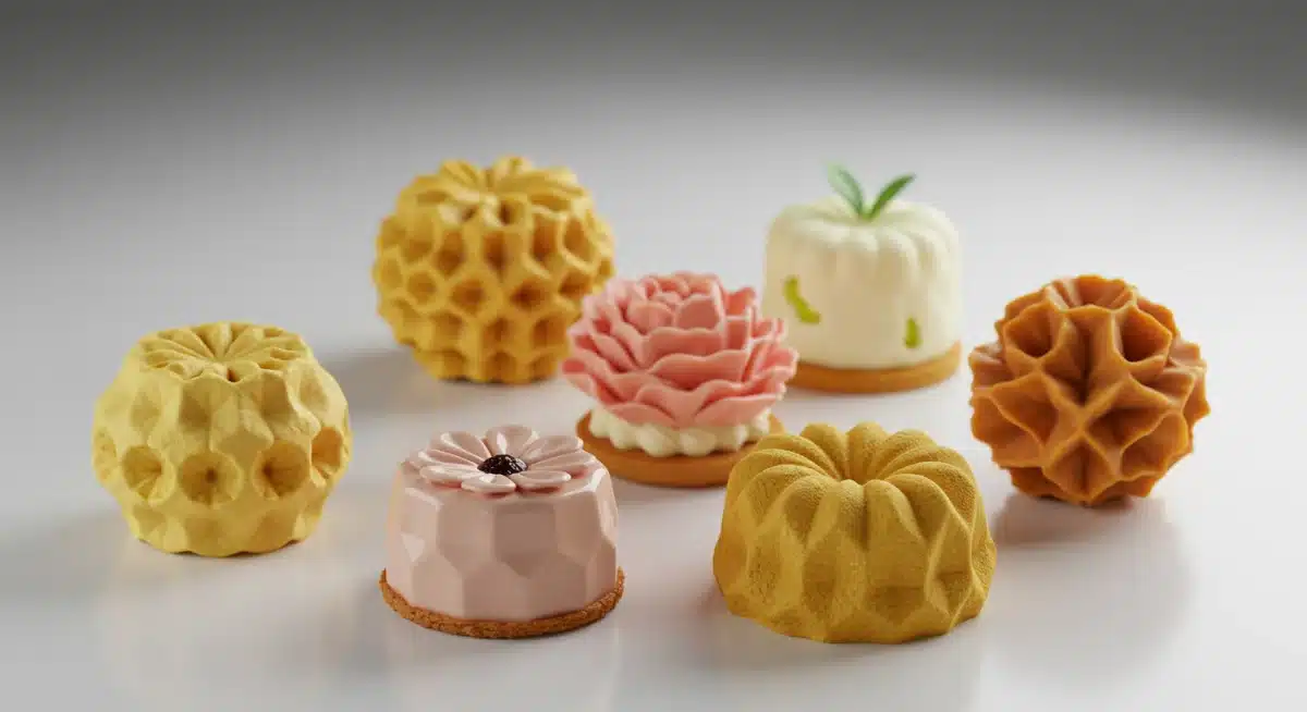 Postres con formas geométricas y diseños complejos, hechos con moldes 3D de última generación.