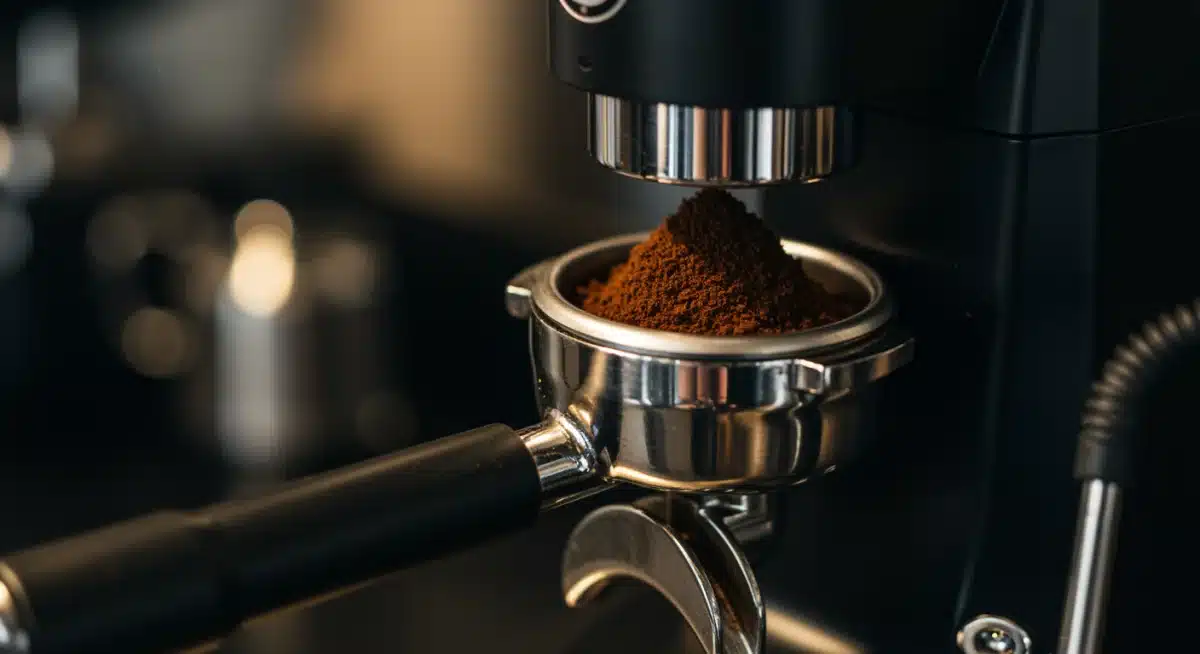 High-precision coffee grinder preparing grounds for espresso.