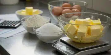 Precisely measured baking ingredients on a digital scale, symbolizing accuracy and efficiency in food production.
