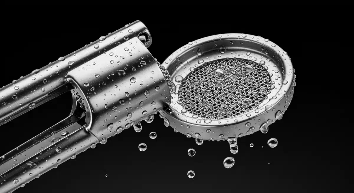 Detalle de prensa de ajos con rejilla extraíble para facilitar la limpieza, mostrando su mecanismo desmontable y material de acero inoxidable.