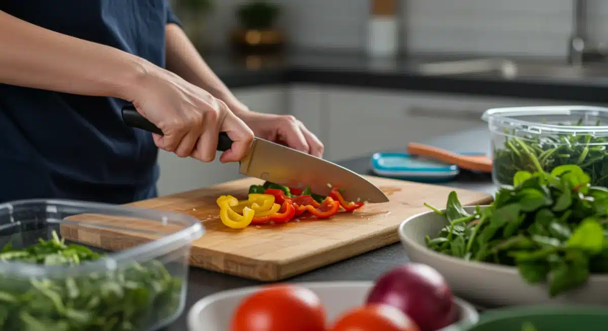 Pessoa picando vegetais rapidamente em uma tábua de corte em cozinha organizada, com ingredientes pré-preparados em potes, simbolizando eficiência na cozinha.
