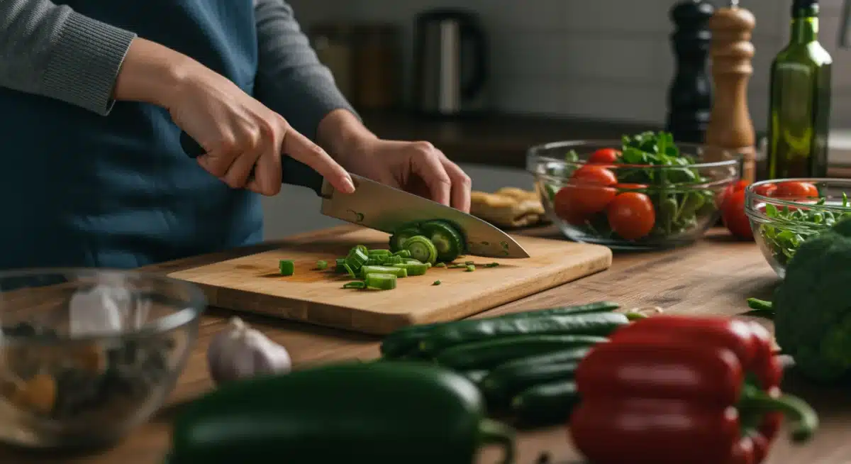 Pessoa preparando rapidamente uma refeição saudável na cozinha, com vegetais frescos e utensílios.